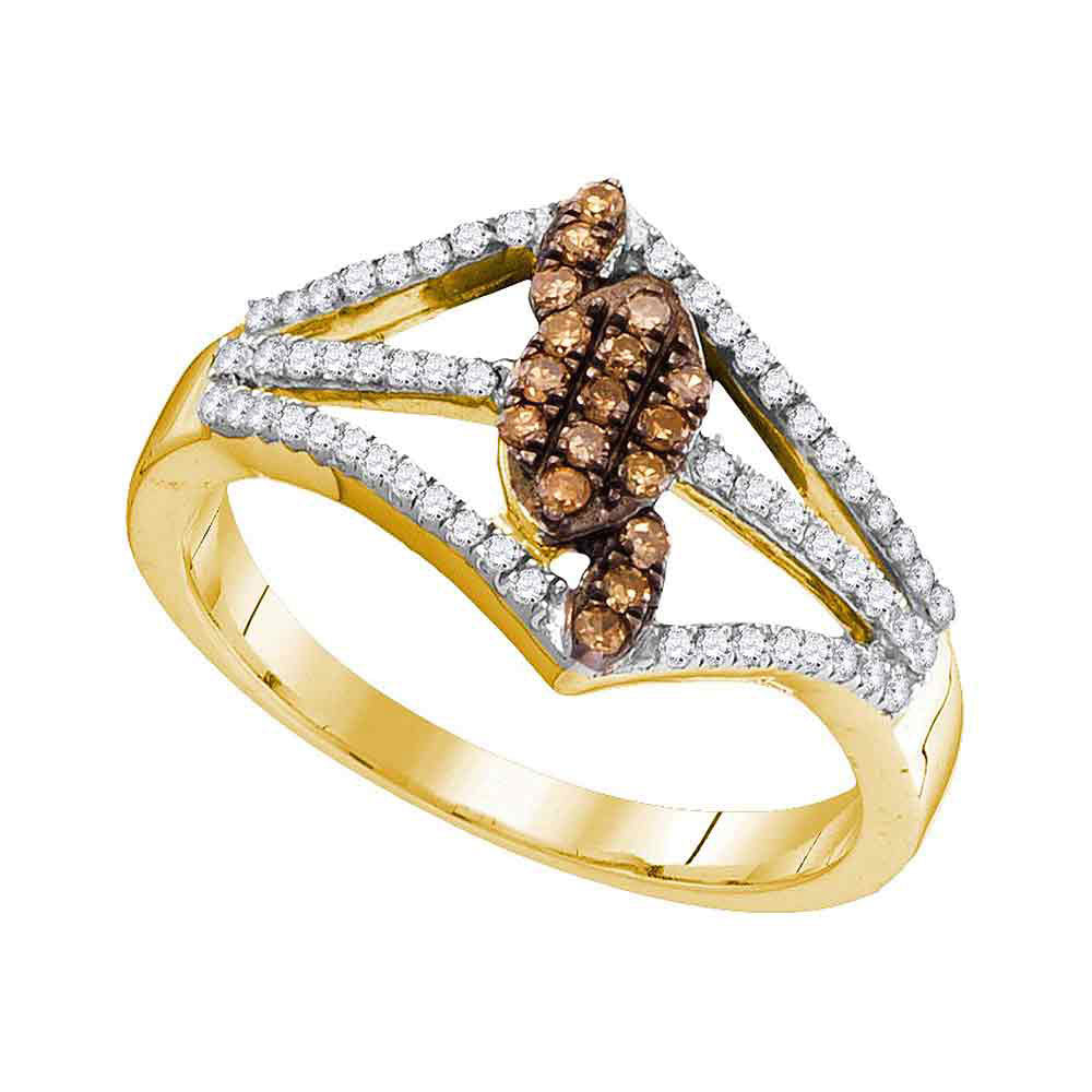 10kt Yellow Gold Womens Round Brown Diamond Cluster Openwork Strand Ring 1/3 Cttw
