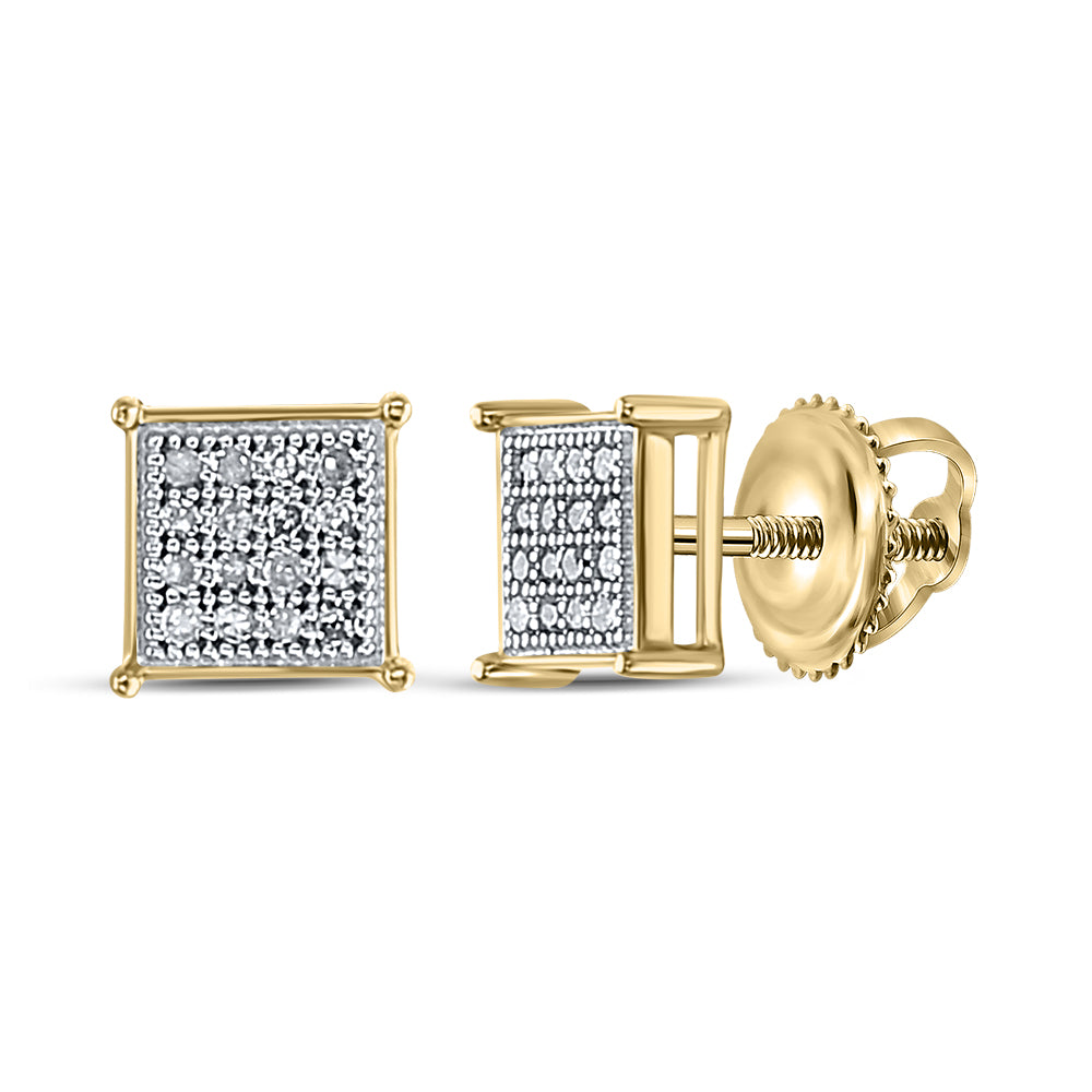 Yellow-Tone Sterling Silver Mens Round Diamond Square Cluster Earrings 1/10 Cttw