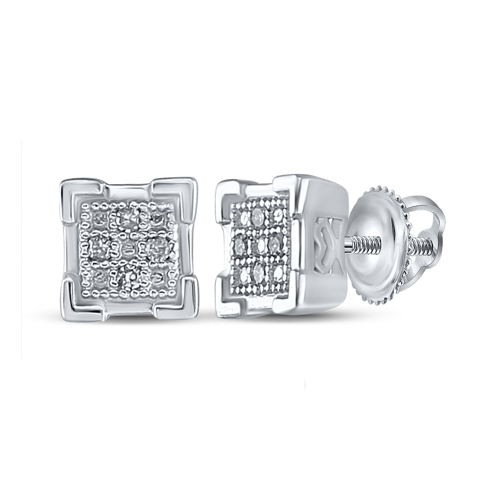Sterling Silver Womens Round Diamond Square Cluster Screwback Earrings .03 Cttw