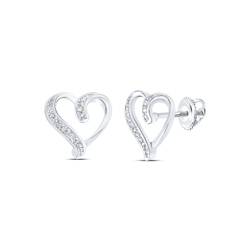 Sterling Silver Womens Round Diamond-accent Heart Screwback Earrings .02 Cttw