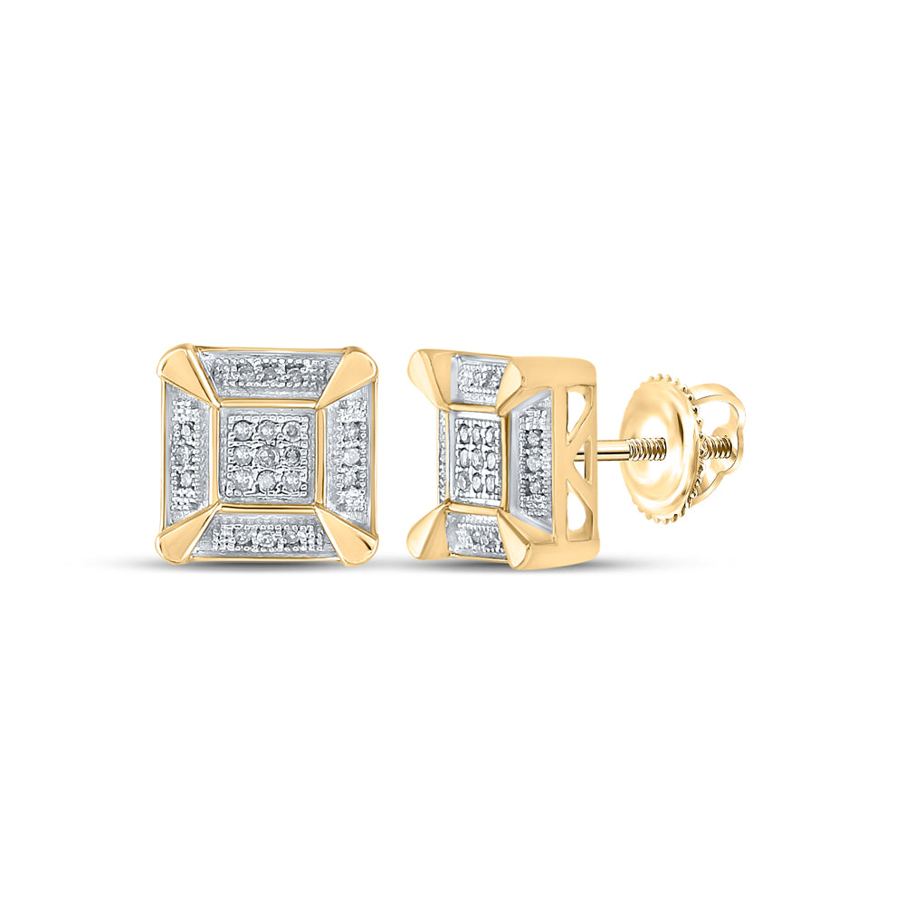 Yellow-tone Sterling Silver Mens Round Diamond Square Cluster Stud Earrings 1/8 Cttw