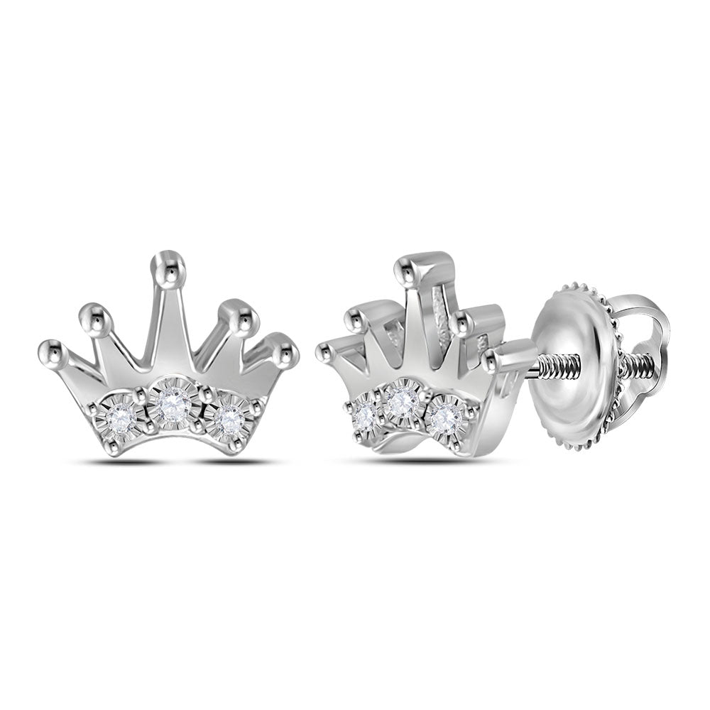 Sterling Silver Womens Round Diamond Crown Fashion Earrings 1/20 Cttw