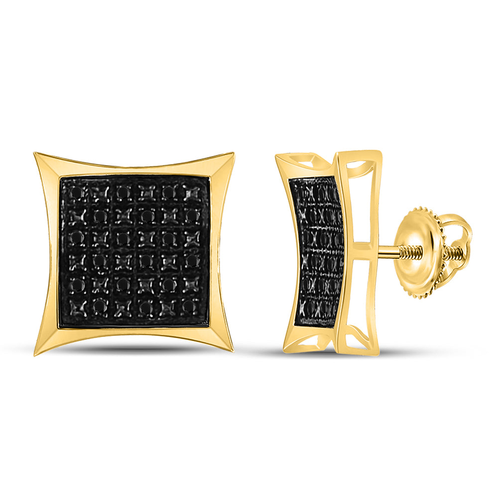 Yellow-Tone Sterling Silver Mens Round Black Color Enhanced Diamond Square Earrings 1/8 Cttw