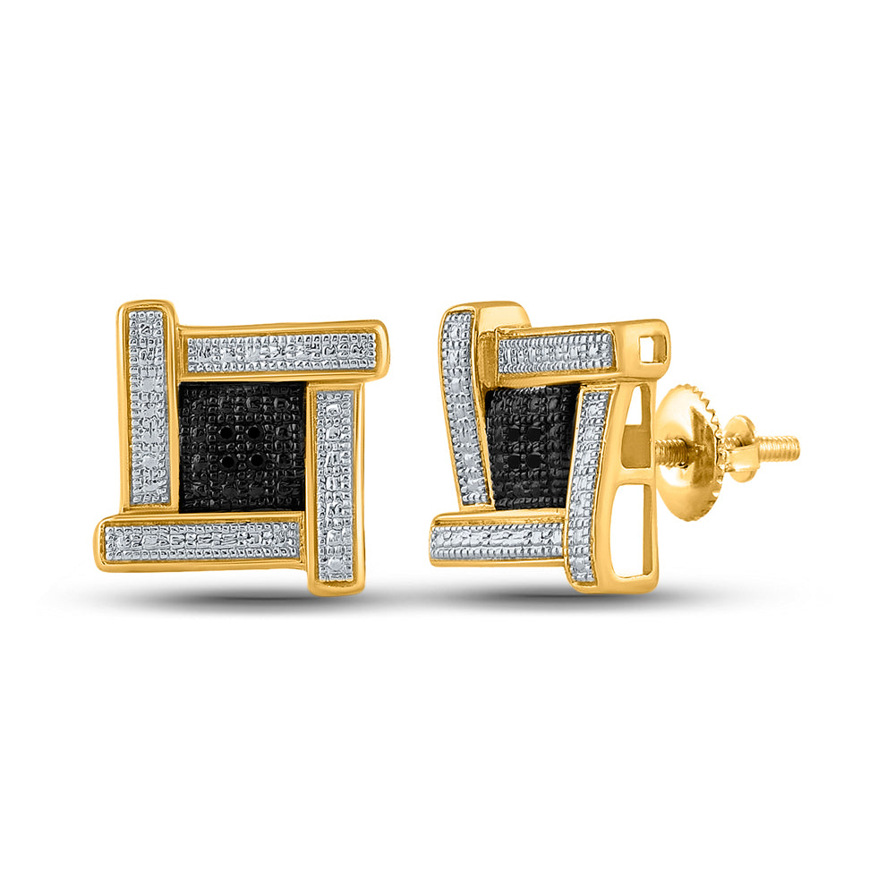 Yellow-tone Sterling Silver Mens Round Black Color Enhanced Diamond Square Cluster Earrings .03 Cttw