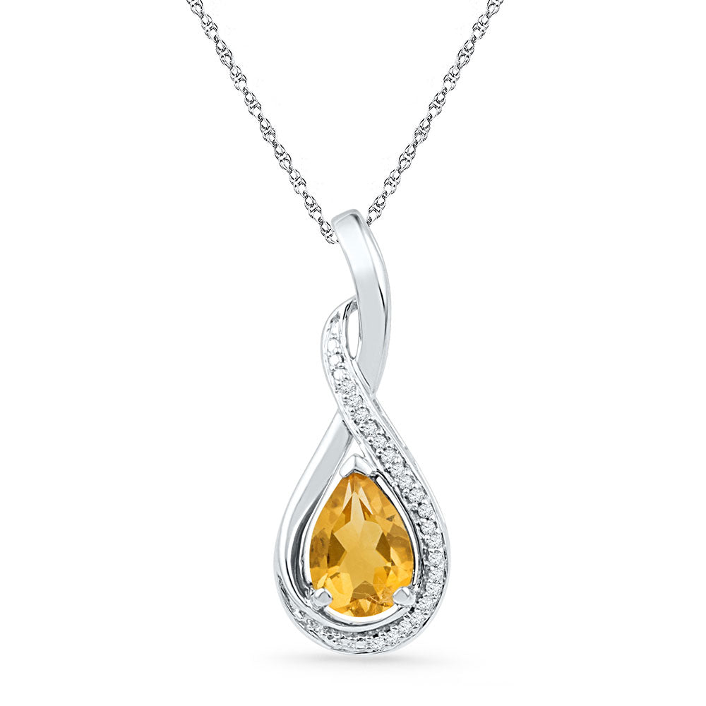 Sterling Silver Womens Oval Lab-Created Citrine Solitaire Diamond Frame Twist Pendant 1.00 Cttw