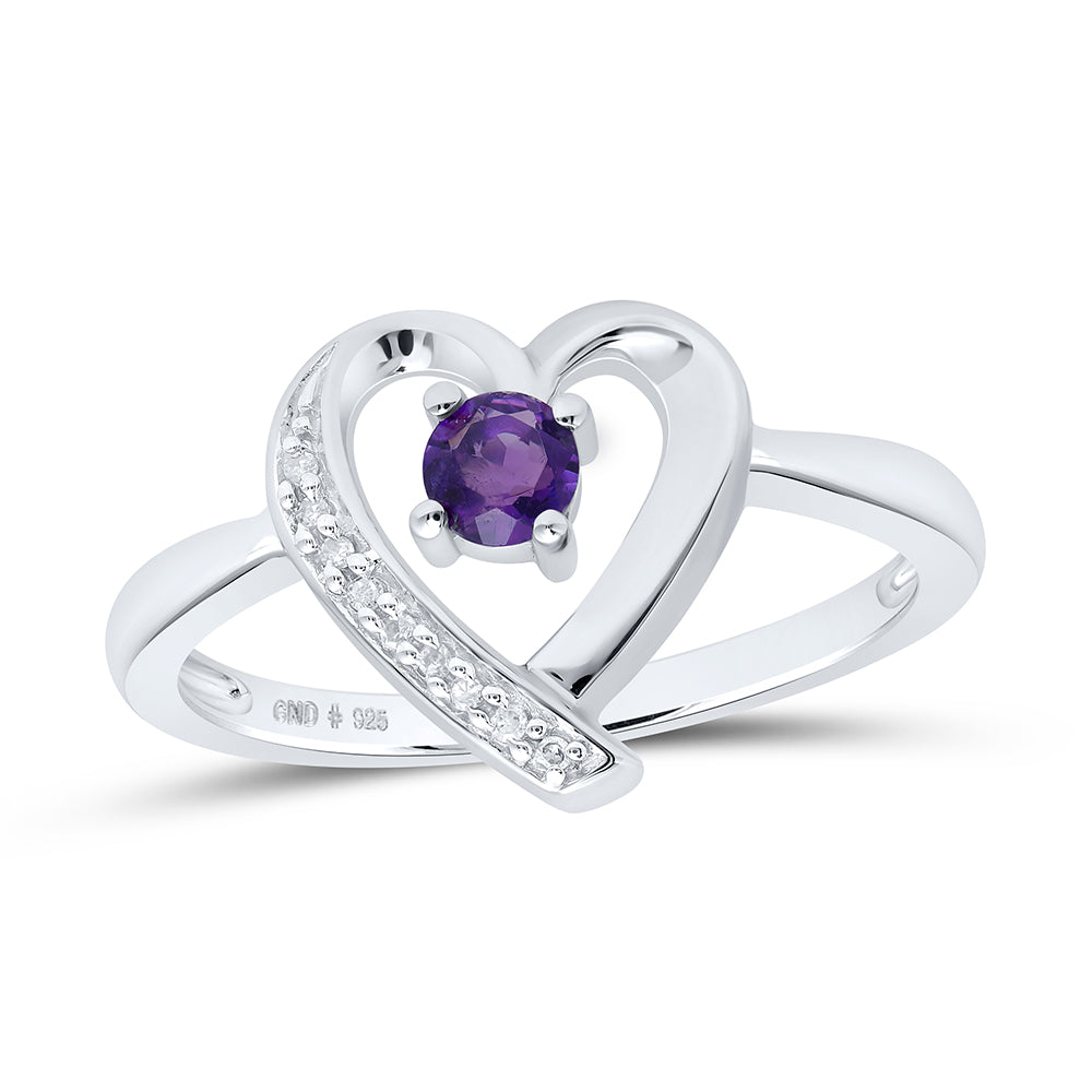 Sterling Silver Womens Round Lab-Created Amethyst Diamond Heart Ring 1/4 Cttw