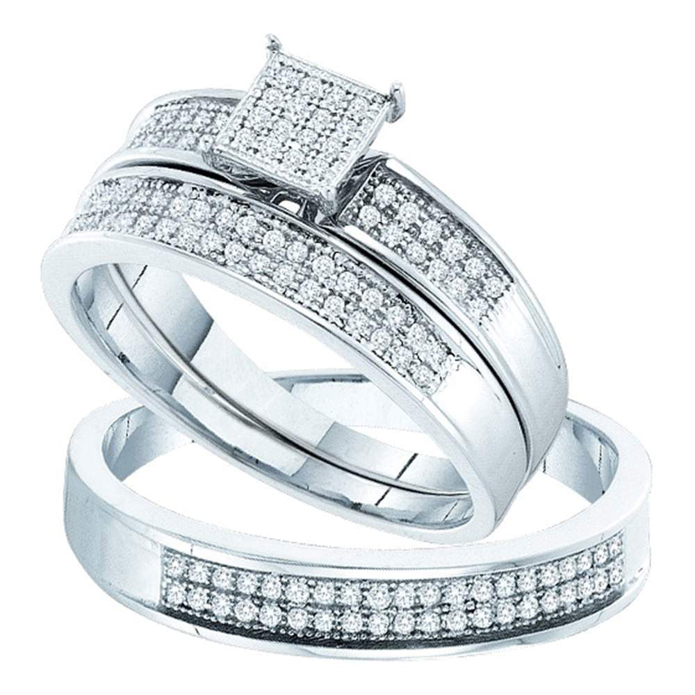 Sterling Silver His Hers Round Diamond Cluster Matching Bridal Wedding Ring Band Set 1/3 Cttw