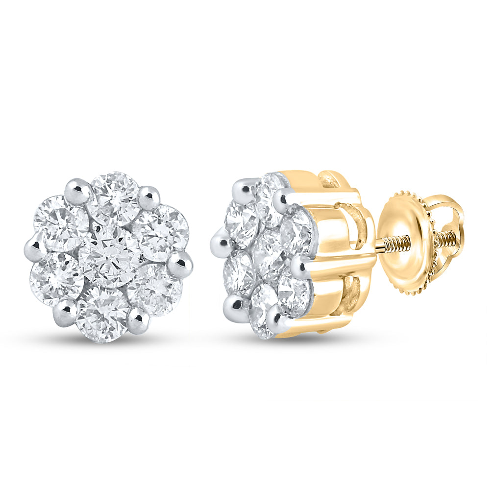 14kt Yellow Gold Womens Round Diamond Flower Cluster Screwback Stud Earrings 2.00 Cttw