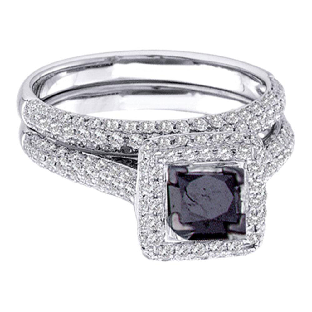 14k White Gold Womens Black Princess Diamond Solitaire Pave Wedding Bridal Ring Set 1-1/4 Cttw Size 6
