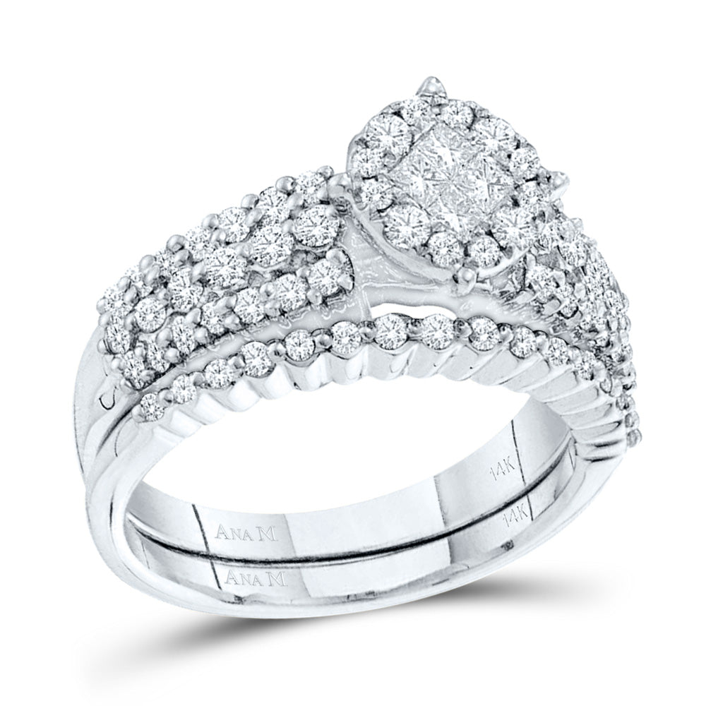 14kt White Gold Womens Princess Diamond Bridal Wedding Engagement Ring Band Set 1-1/5 Cttw
