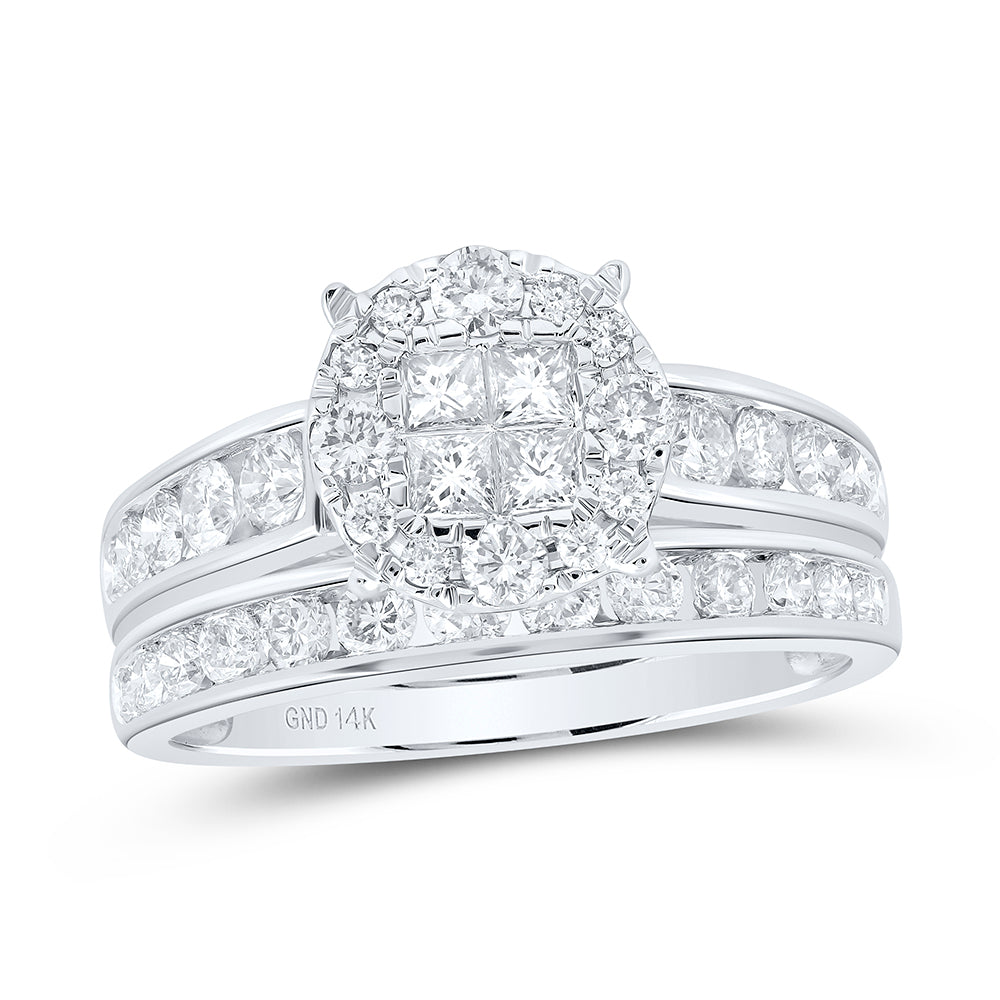14kt White Gold Womens Diamond Cluster Bridal Wedding Engagement Ring Band Set 1-3/8 Cttw