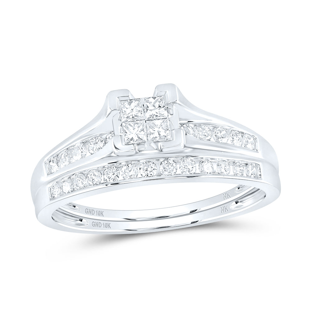 10kt White Gold Womens Princess Diamond Bridal Wedding Engagement Ring Band Set 1/2 Cttw