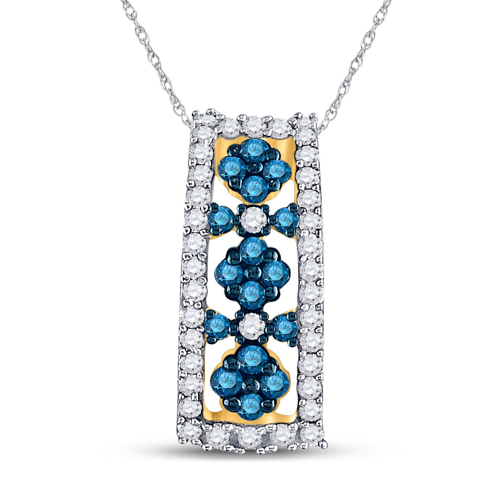 10kt Yellow Gold Womens Round Blue Color Enhanced Diamond Cluster Vertical Pendant 1/2 Cttw