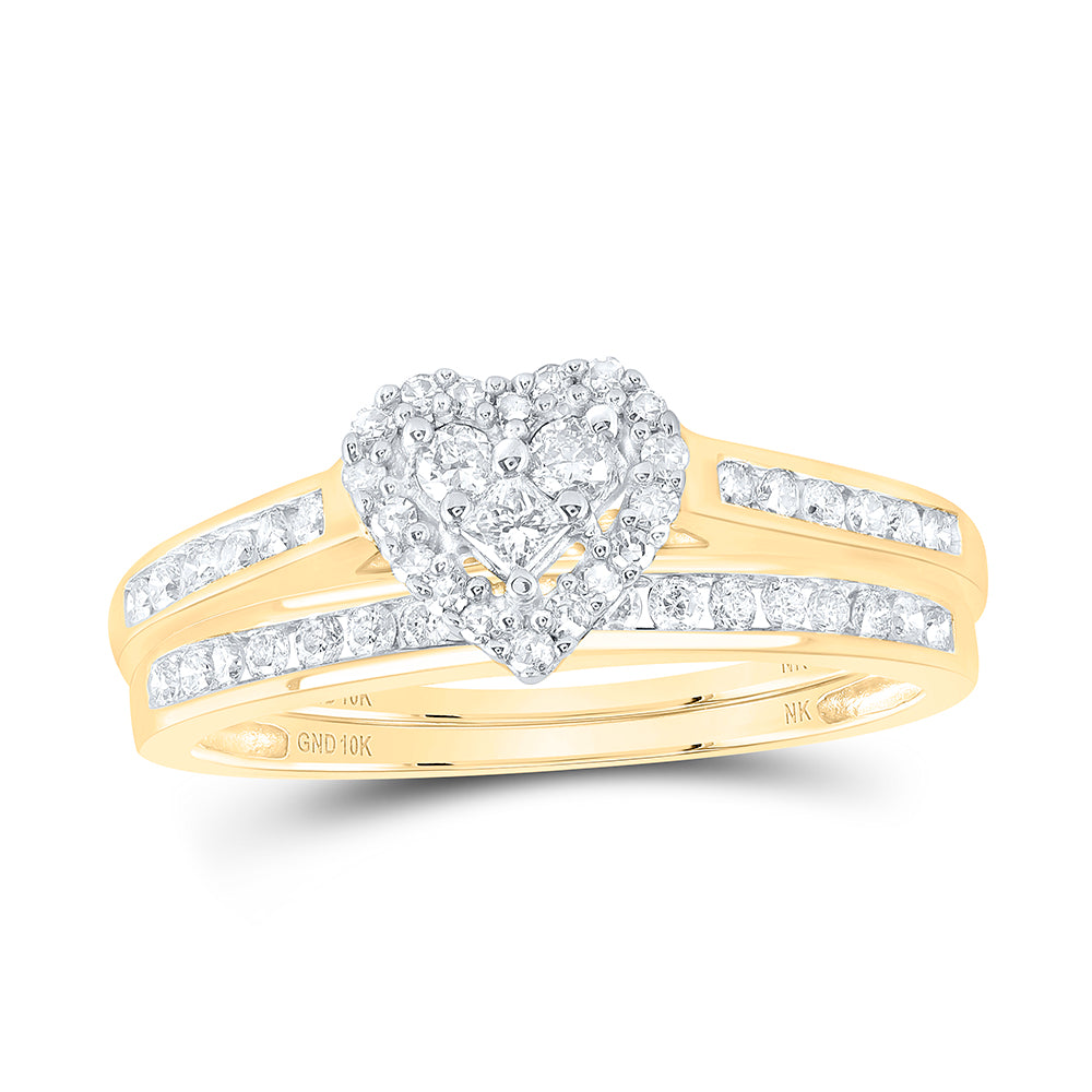10kt Yellow Gold Womens Diamond Heart Bridal Wedding Engagement Ring Band Set 1/2 Cttw