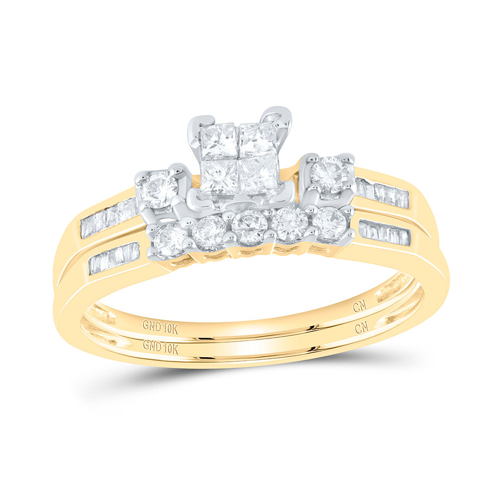 10kt Yellow Gold Womens Princess Diamond Bridal Wedding Engagement Ring Band Set 3/8 Cttw