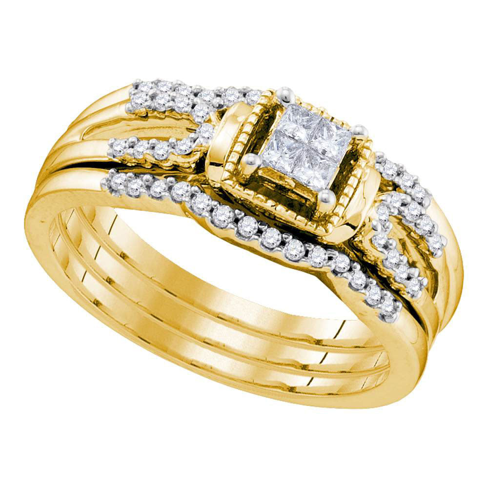 10kt Yellow Gold Womens Princess Diamond Bridal Wedding Engagement Ring Band Set 1/4 Cttw