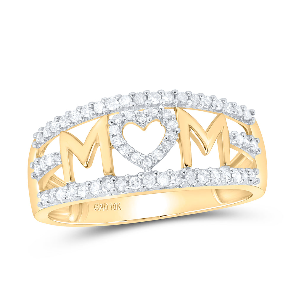 10kt Yellow Gold Womens Round Diamond Mom Mother Heart Band Ring 1/4 Cttw