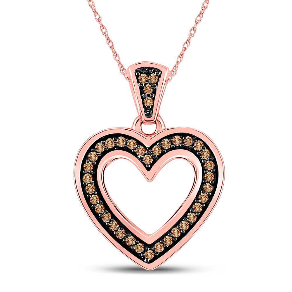 10kt Rose Gold Womens Round Brown Diamond Heart Pendant 1/10 Cttw
