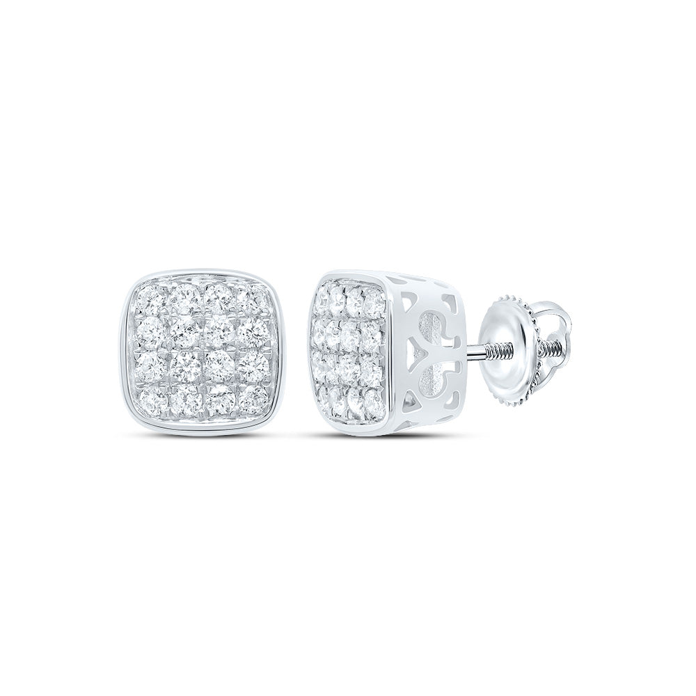 10kt White Gold Mens Round Diamond Cushion Cluster Earrings 1/3 Cttw
