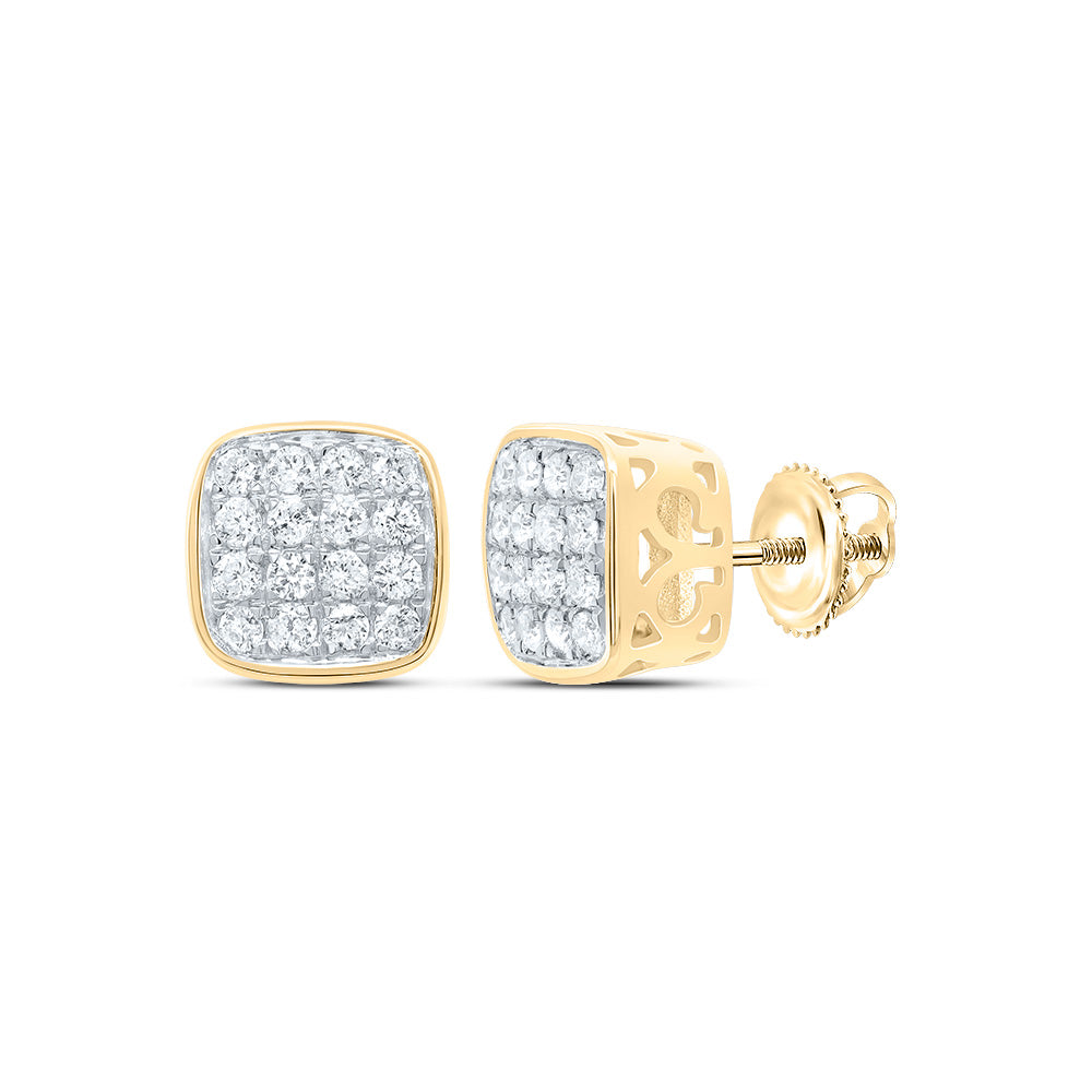 14kt Yellow Gold Mens Round Diamond Cushion Cluster Earrings 1/3 Cttw