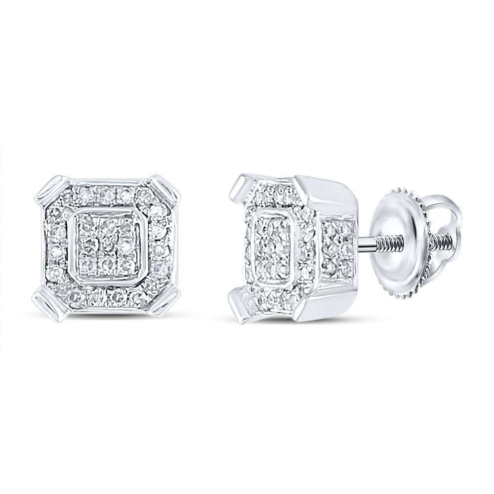 10kt White Gold Mens Round Diamond Fashion Cluster Earrings 1/3 Cttw