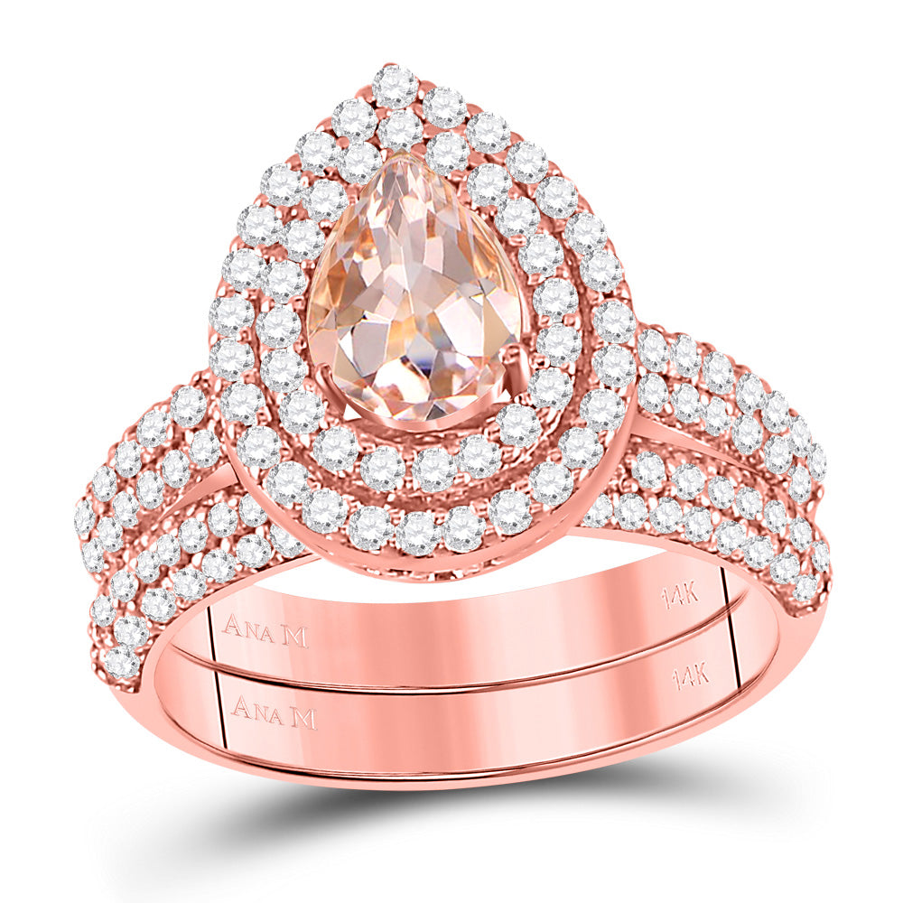 14kt Rose Gold Womens Pear Morganite Bridal Wedding Engagement Ring Band Set 1-7/8 Cttw
