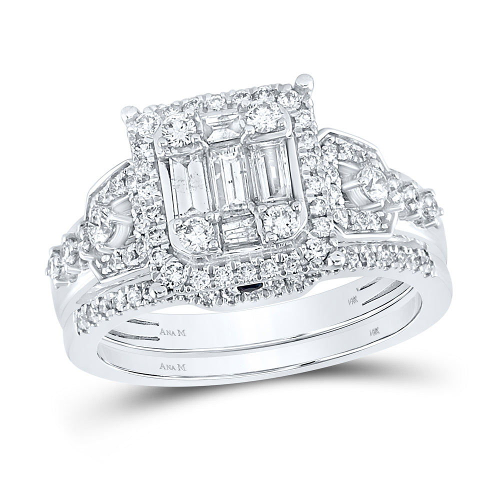 14kt White Gold Womens Baguette Diamond Bridal Wedding Engagement Ring Band Set 7/8 Cttw