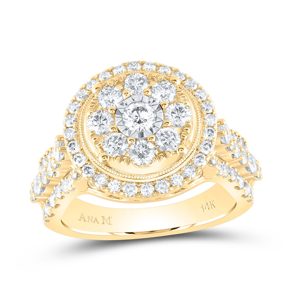 14kt Yellow Gold Womens Round Diamond Fashion Cocktail Cluster Ring 1-3/4 Cttw