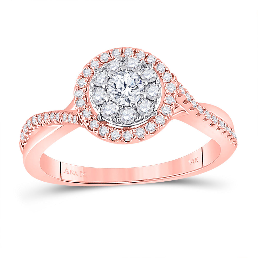 14kt Rose Gold Womens Round Diamond Fashion Cluster Halo Ring 1/2 Cttw