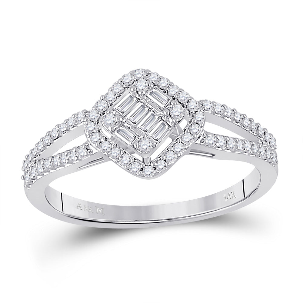 14kt White Gold Womens Baguette Diamond Fashion Cushion Cluster Ring 3/8 Cttw