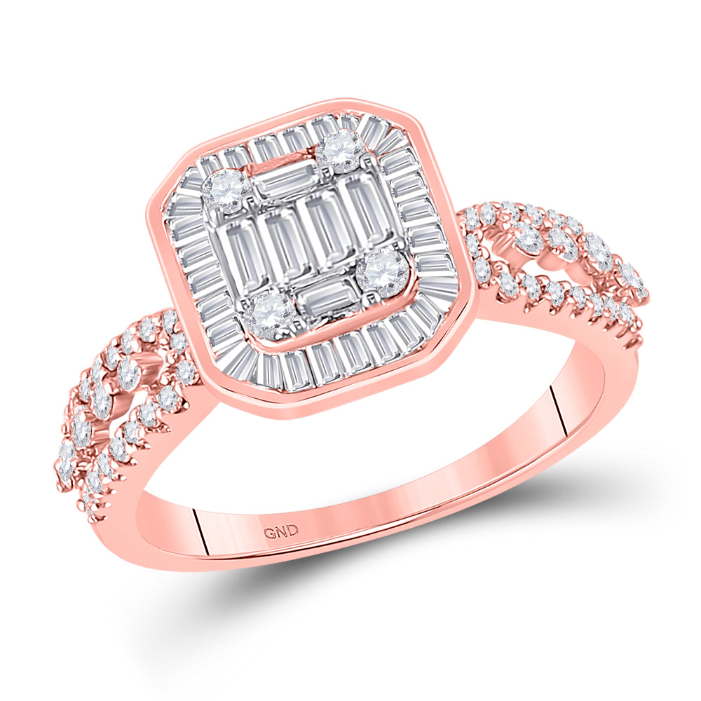 14kt Rose Gold Womens Baguette Diamond Fashion Cluster Ring 3/4 Cttw