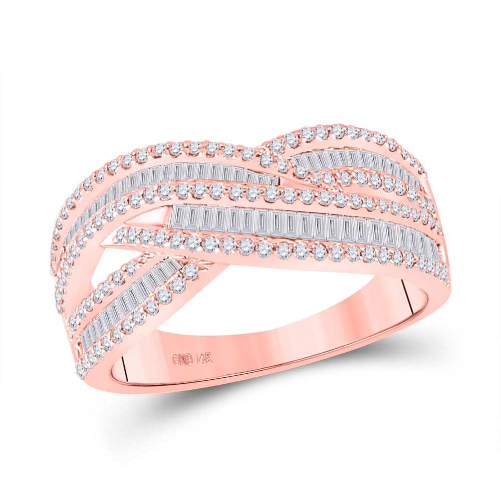 14kt Rose Gold Womens Baguette Diamond Crossover Cocktail Ring 7/8 Cttw