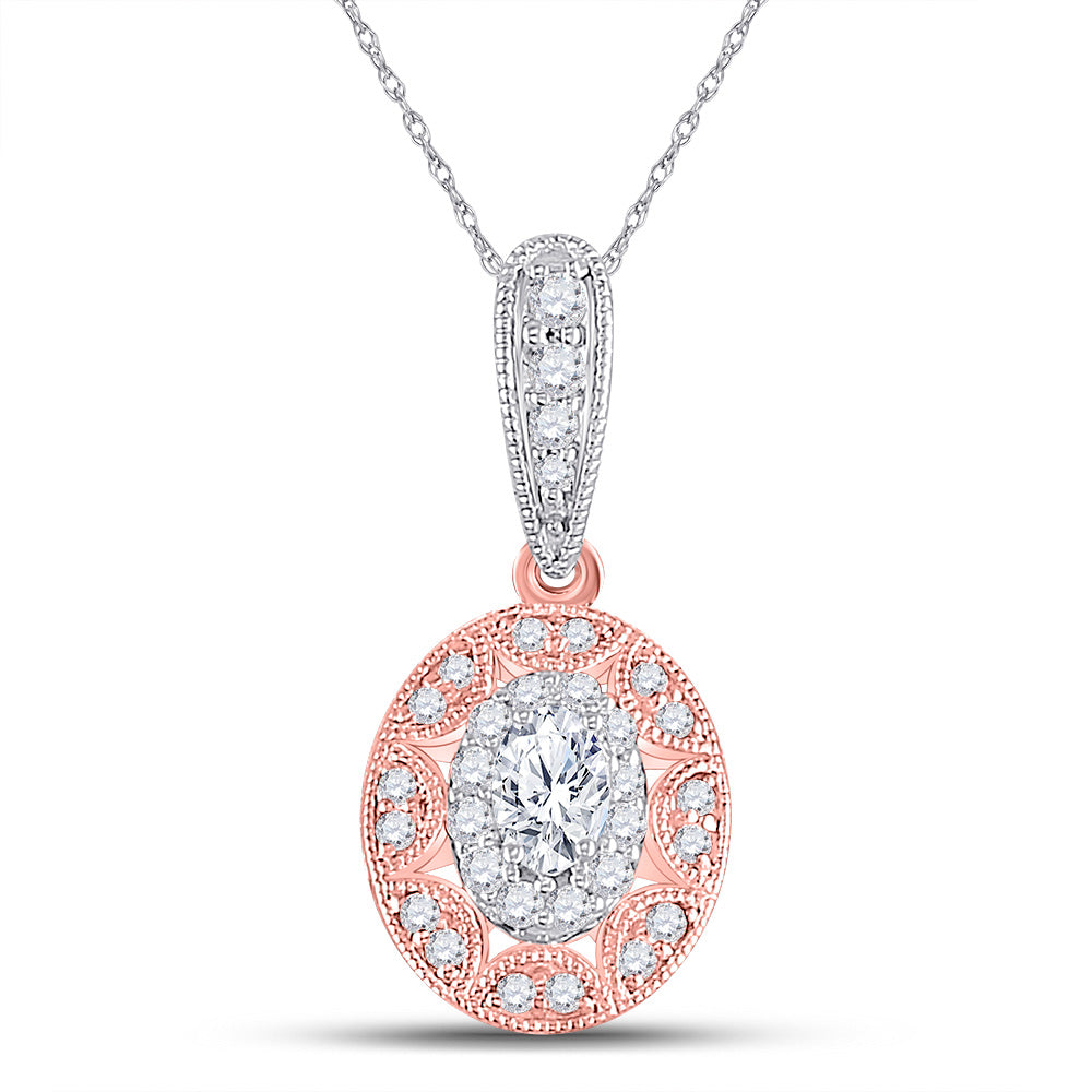 14kt Two-tone Gold Womens Oval Diamond Vintage Inspired Halo Pendant 3/8 Cttw