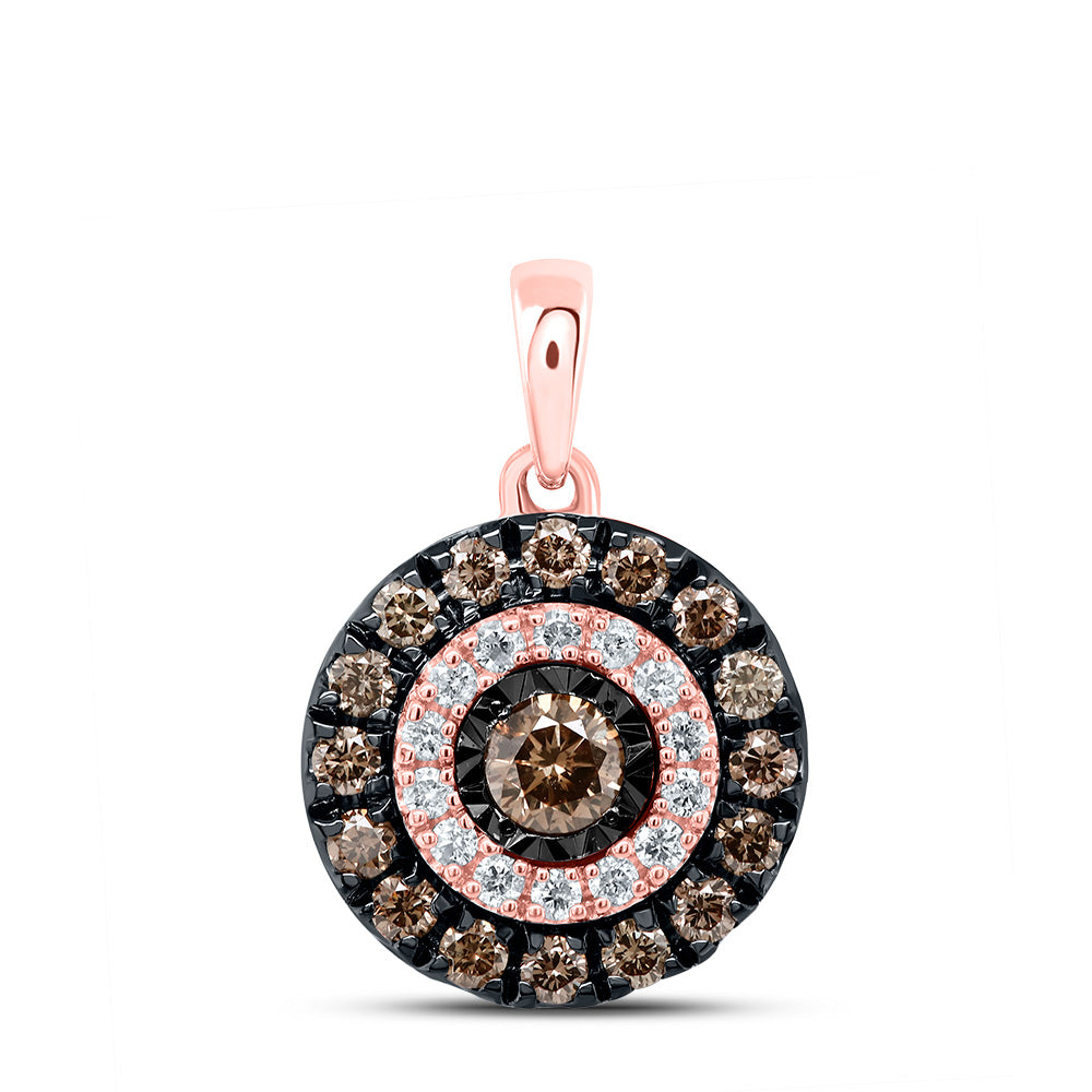 14kt Rose Gold Womens Round Brown Diamond Halo Solitaire Pendant 3/8 Cttw