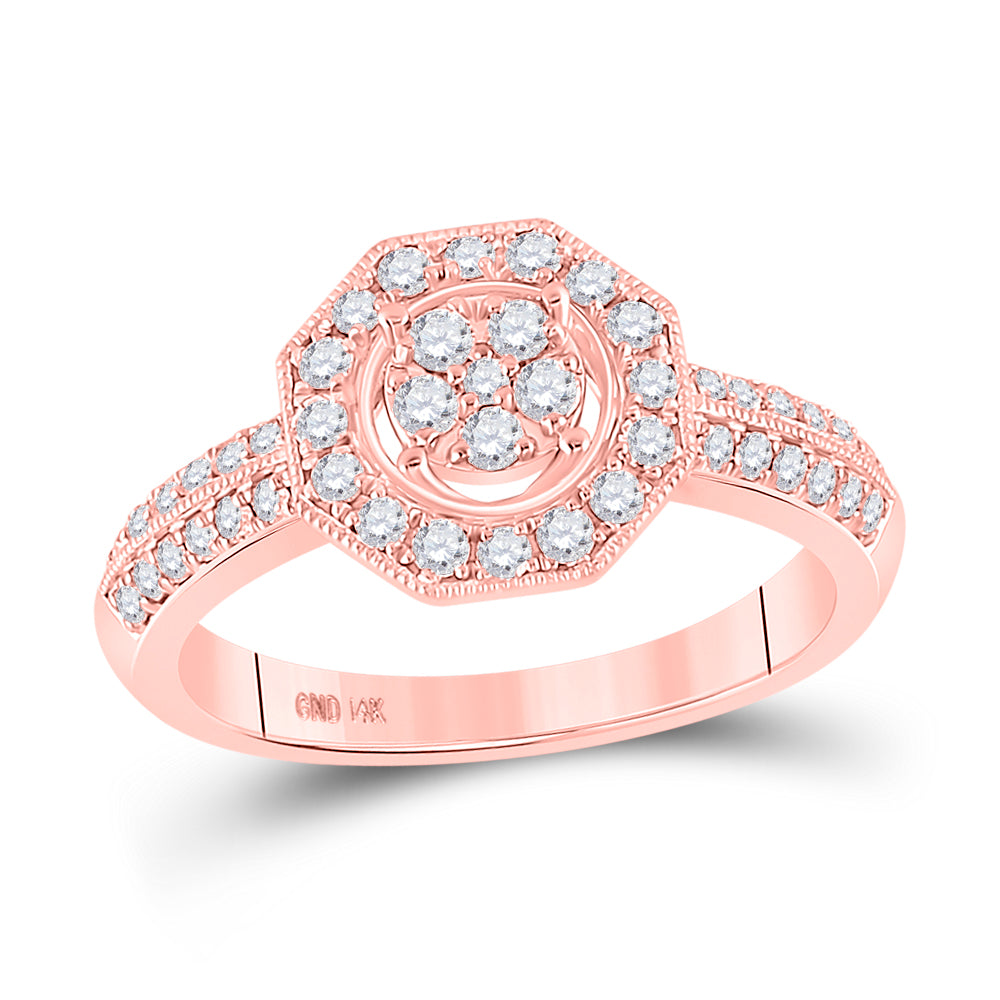 14kt Rose Gold Womens Round Diamond Fashion Flower Cluster Ring 1/2 Cttw