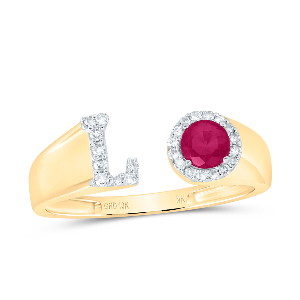1/10CTW-DIA NK 4 MM RD-RU SYNTHETIC INITIAL "L" LADIES RING
