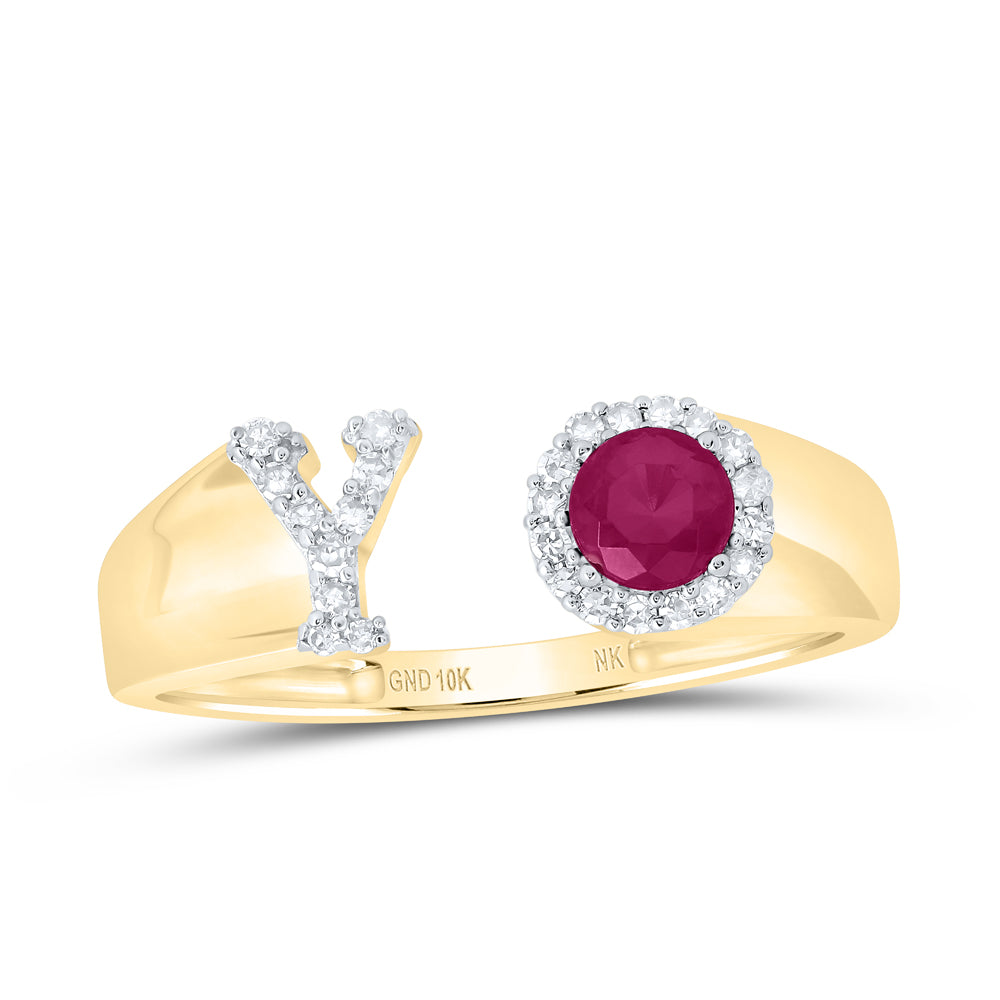 1/10CTW-DIA NK 4 MM RD-RU SYNTHETIC INITIAL "Y" LADIES RING