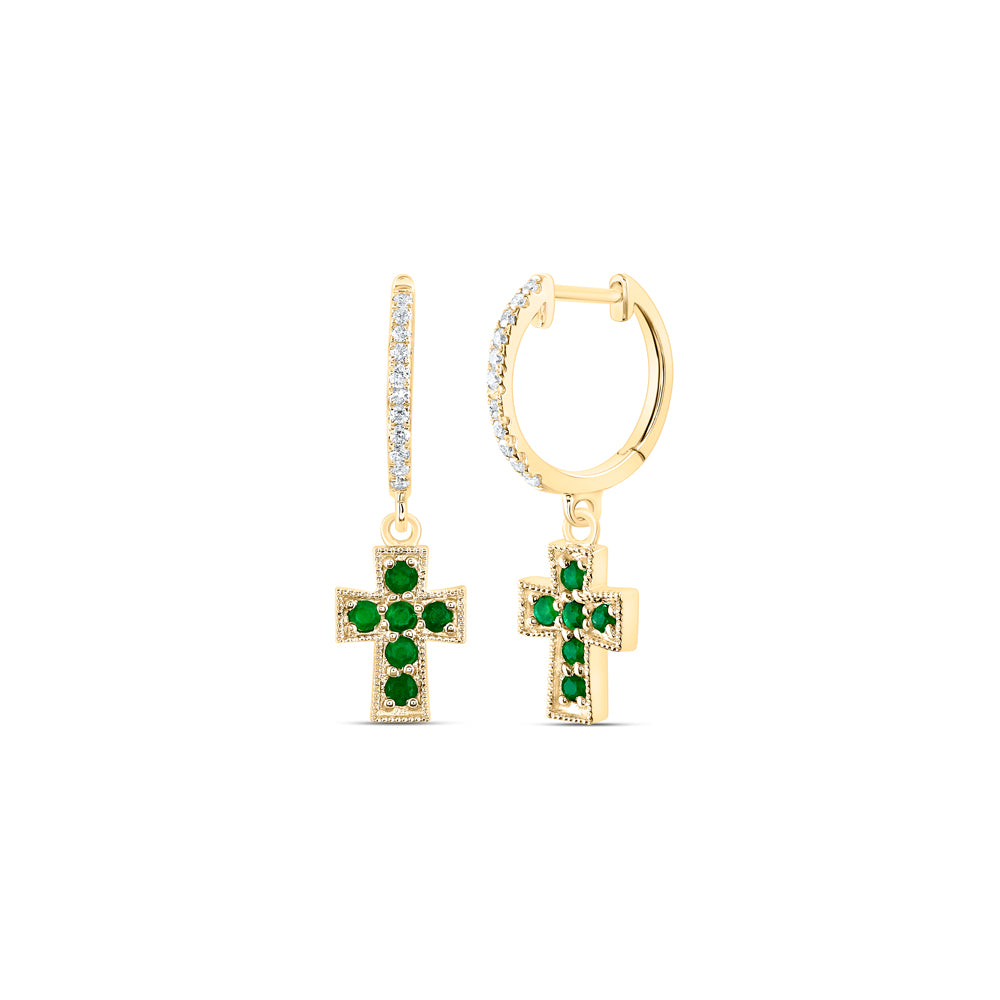 1/10CTW-DIA ANA M 1/4CTW RD-EM NAT GEM DANGLING CROSS EARRING