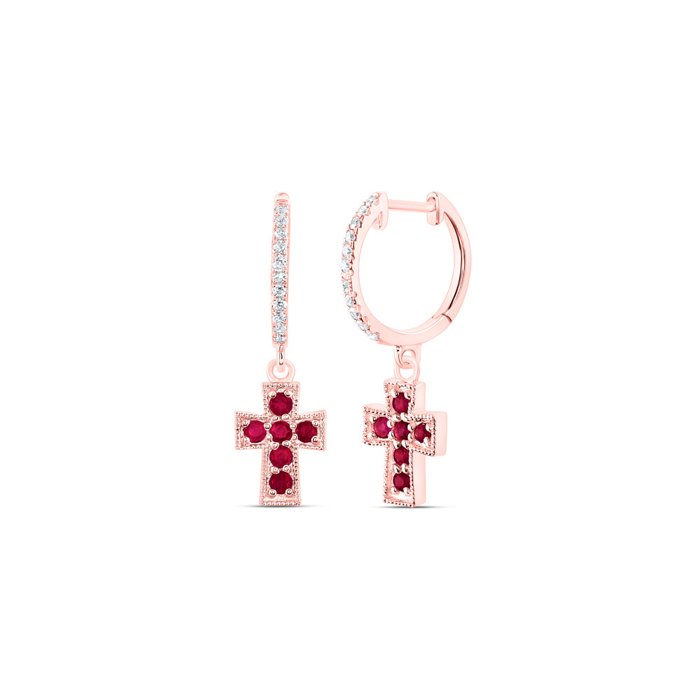 1/10CTW-DIA ANA M 1/4CTW RD-RU NAT GEM DANGLING CROSS EARRING