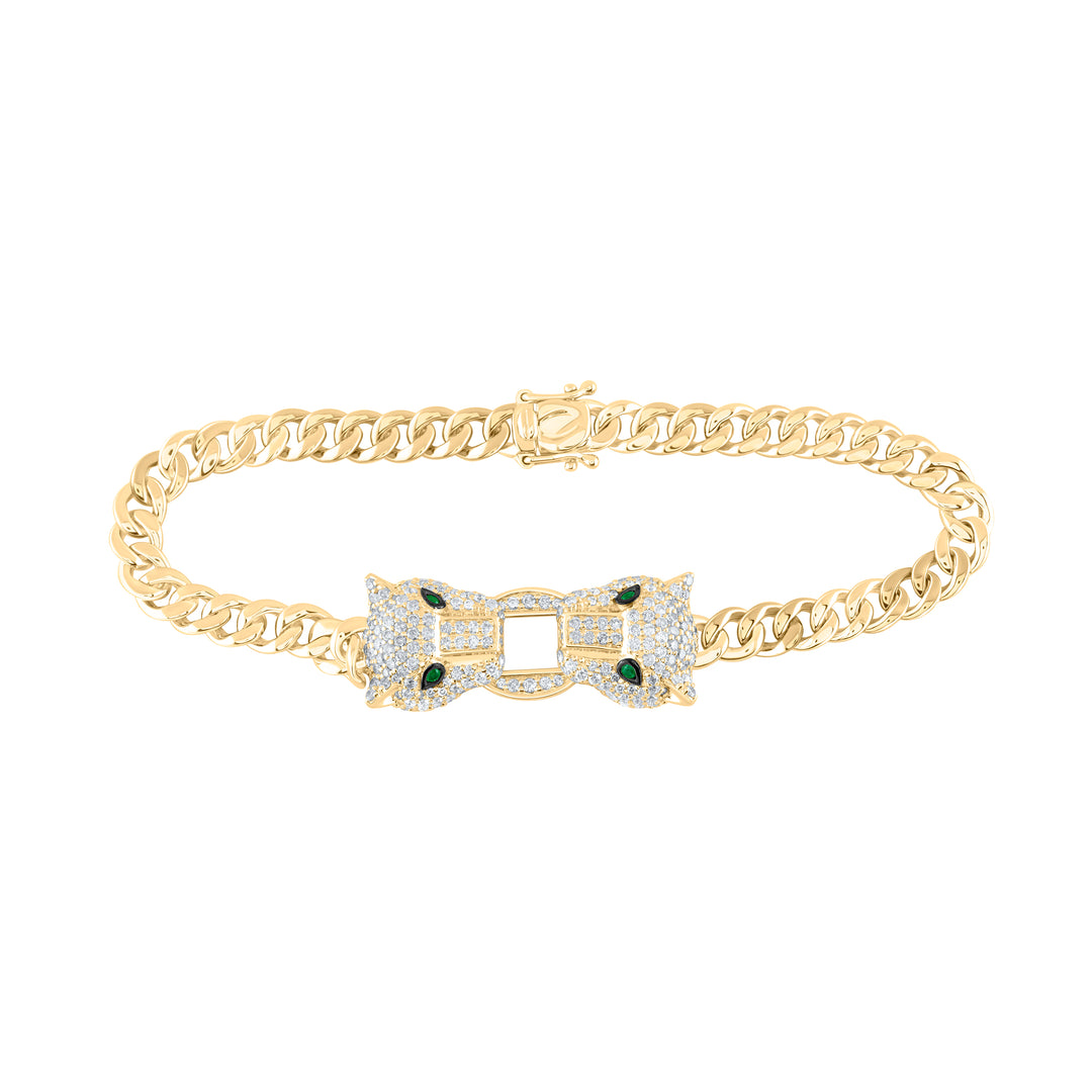 2 CTW-DIA CN 1/20CTW-RD-EM NAT GEM LADIES LEOPARD CURB CHAIN BRACELET (7 INCH)