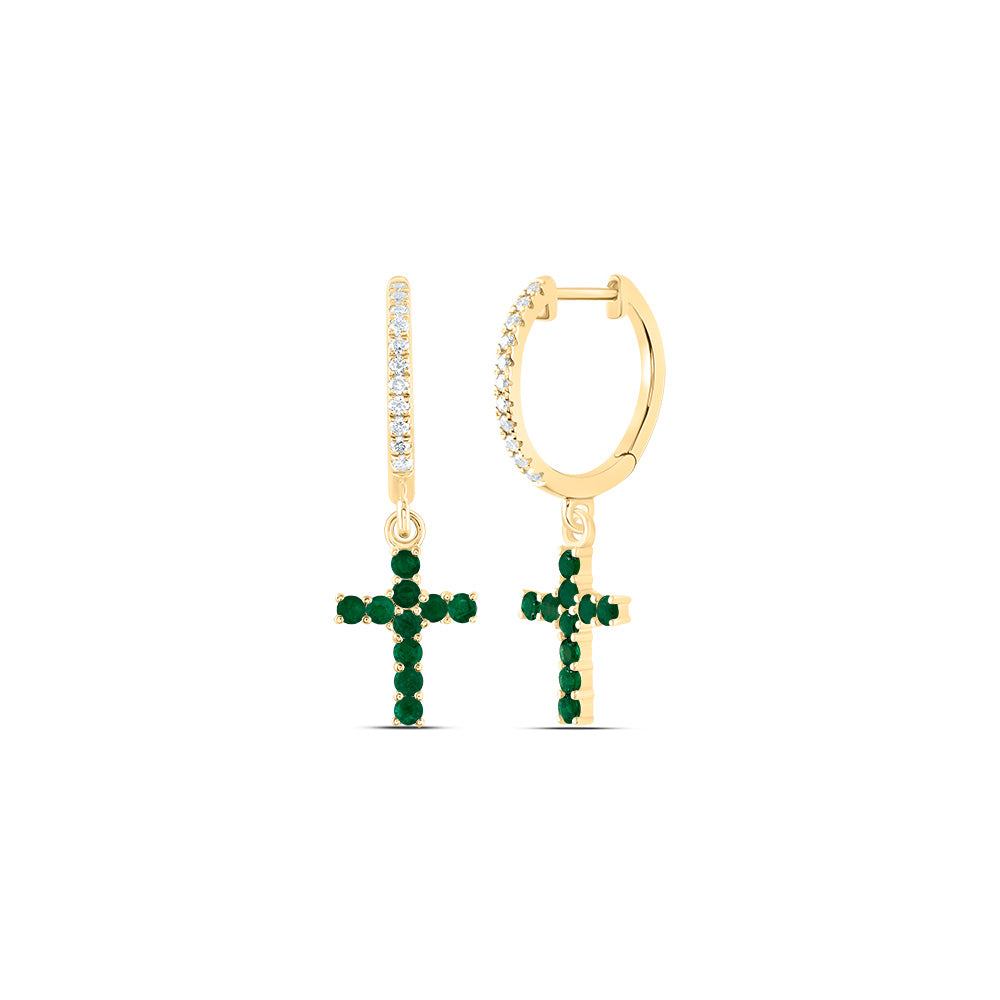 1/10CTW-DIA ANA M 1/4CTW-RD-EM NAT GEM CROSS DANGLING EARRING