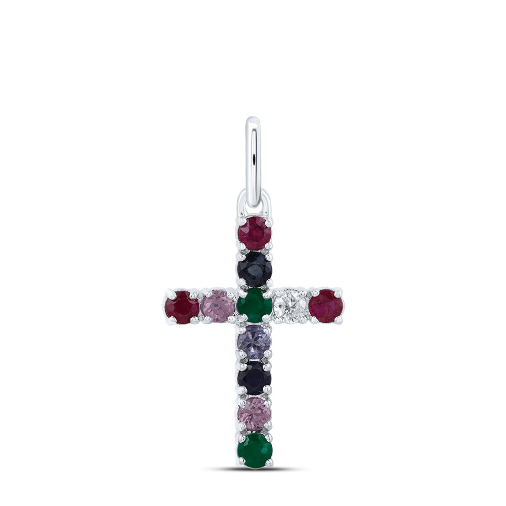 1/20CTW-DIA CN 1/2CTW-RD-NAT GEM MULTI CLR SAPPHIRE CROSS PENDANT
