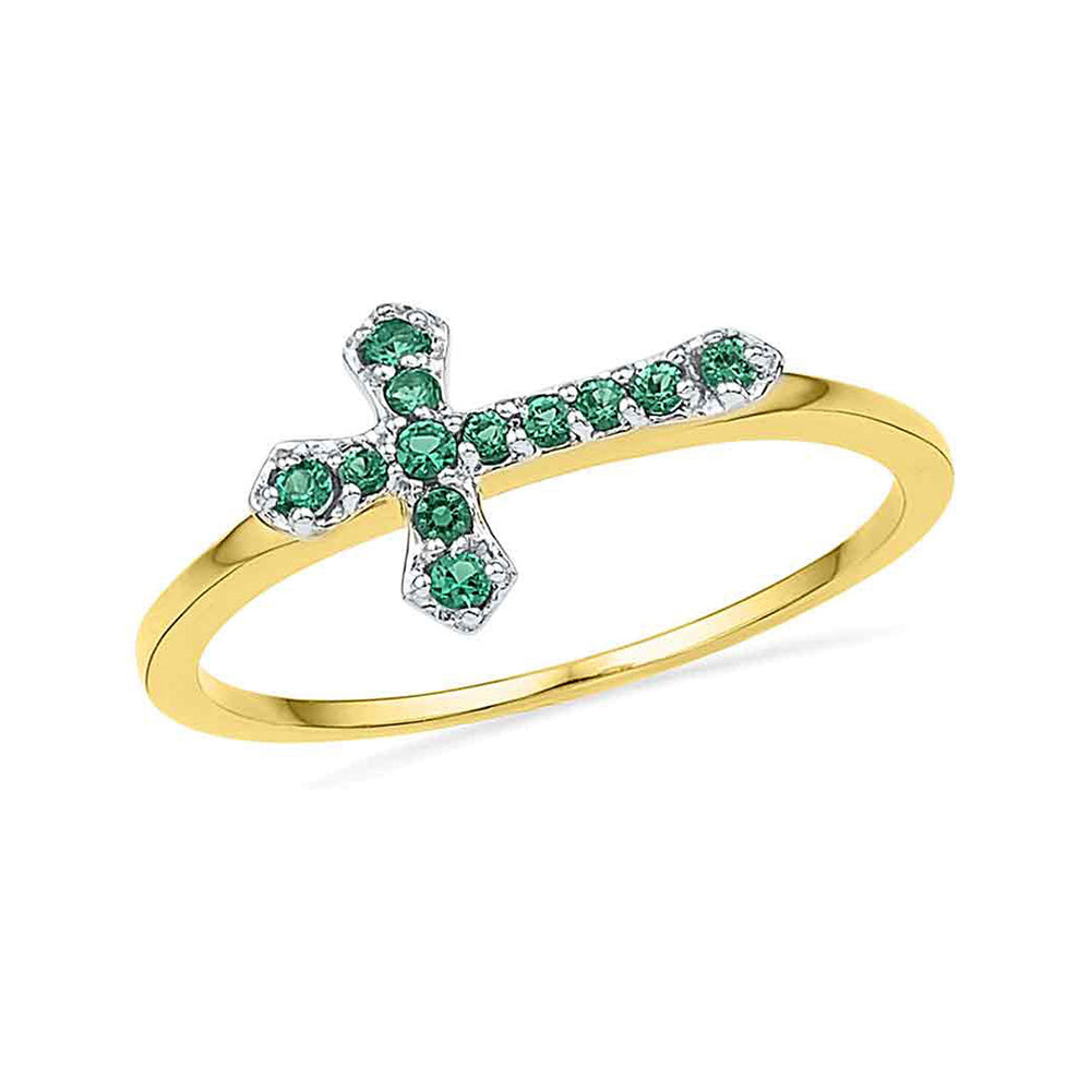 10kt Yellow Gold Womens Round Lab-Created Emerald Cross Band Ring 1/8 Cttw