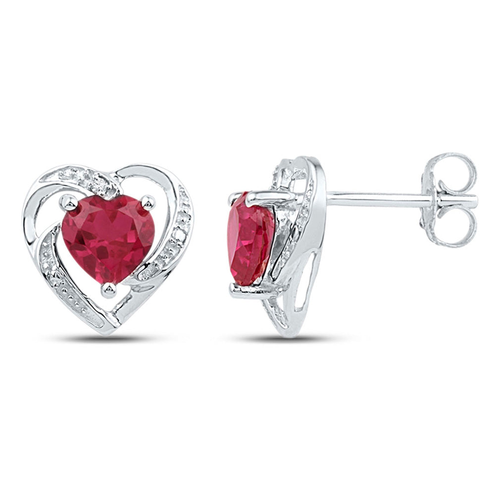 10kt White Gold Womens Round Lab-Created Ruby Diamond Heart Earrings 3/8 Cttw