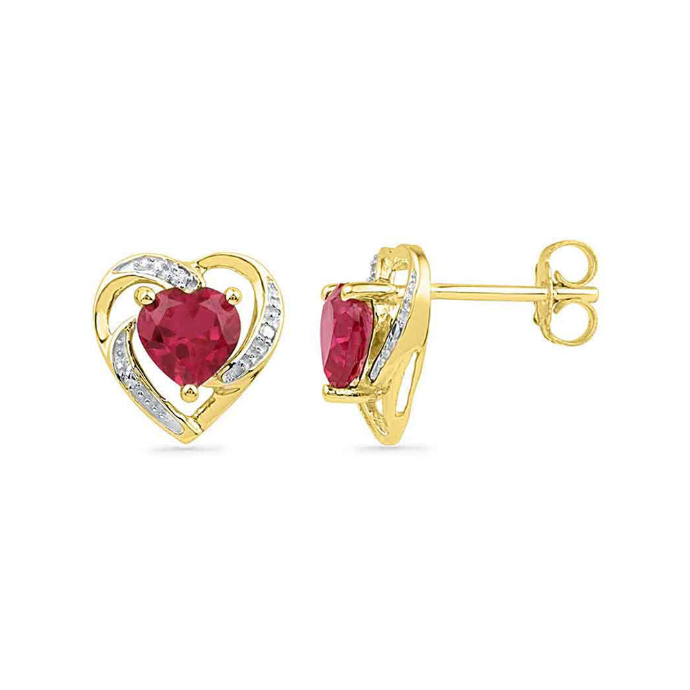 10kt Yellow Gold Womens Round Lab-Created Ruby Diamond Heart Earrings 3/8 Cttw