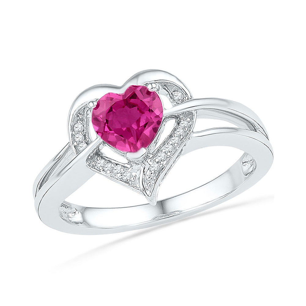 Sterling Silver Womens Round Lab-Created Pink Sapphire Heart Diamond Ring 1 Cttw