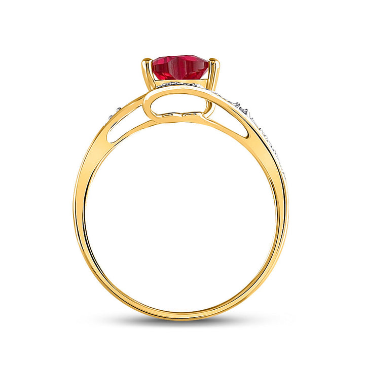 10kt Yellow Gold Womens Heart Lab-Created Ruby Solitaire Diamond-accent Bypass Ring 1 Cttw