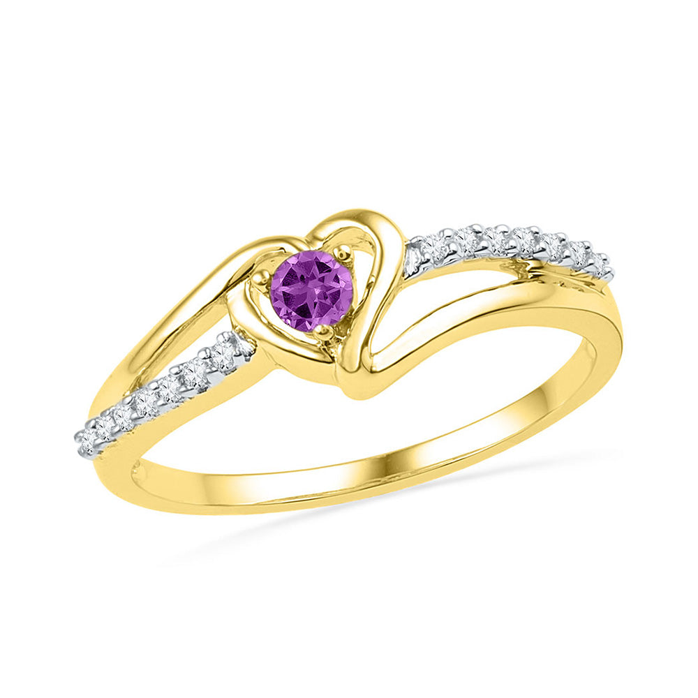10kt Yellow Gold Womens Lab-Created Amethyst Heart Ring 1/5 Cttw