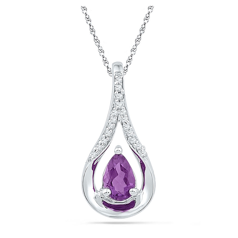 Sterling Silver Womens Pear Lab-Created Amethyst Solitaire Diamond Teardrop Pendant 1/2 Cttw