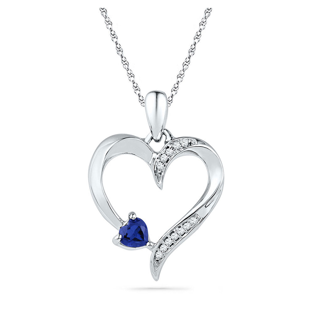Sterling Silver Womens Round Lab-Created Blue Sapphire Heart Pendant 1/4 Cttw